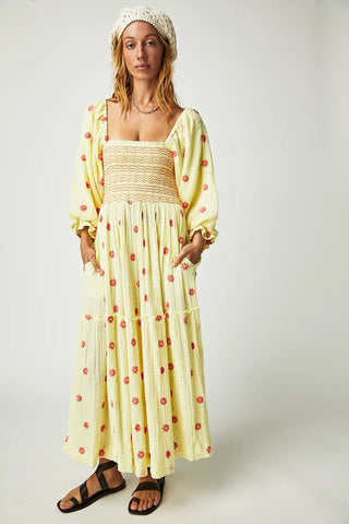 Bell Sleeve Smocking Embroidered Square Collar Sunflower Dresses