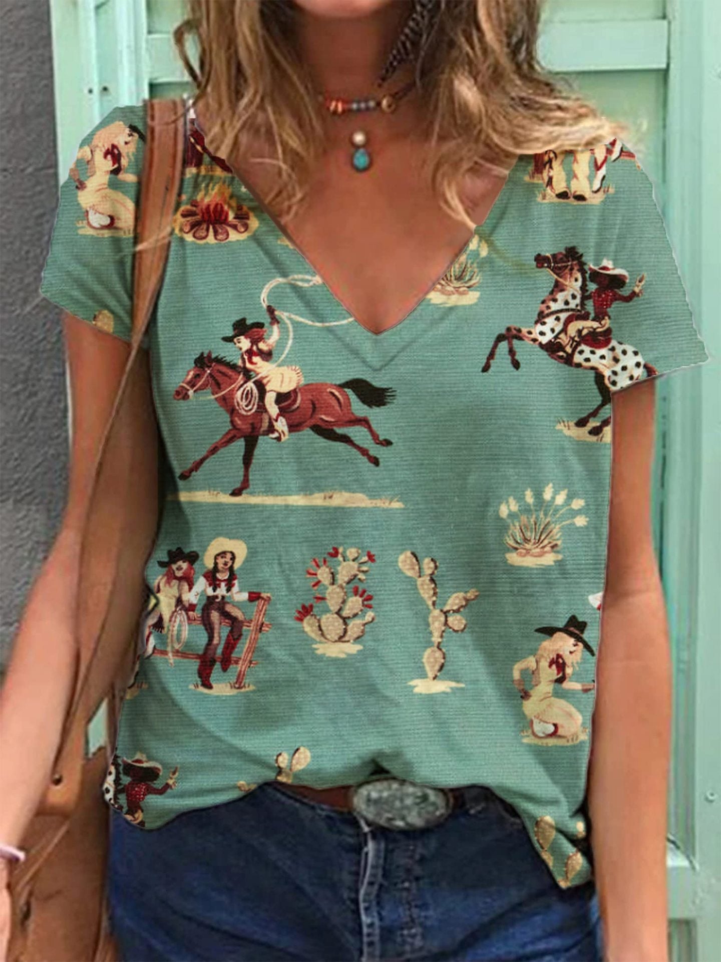 Women's Retro Western Denim Printing Short-sleeved T-shirt Blouses