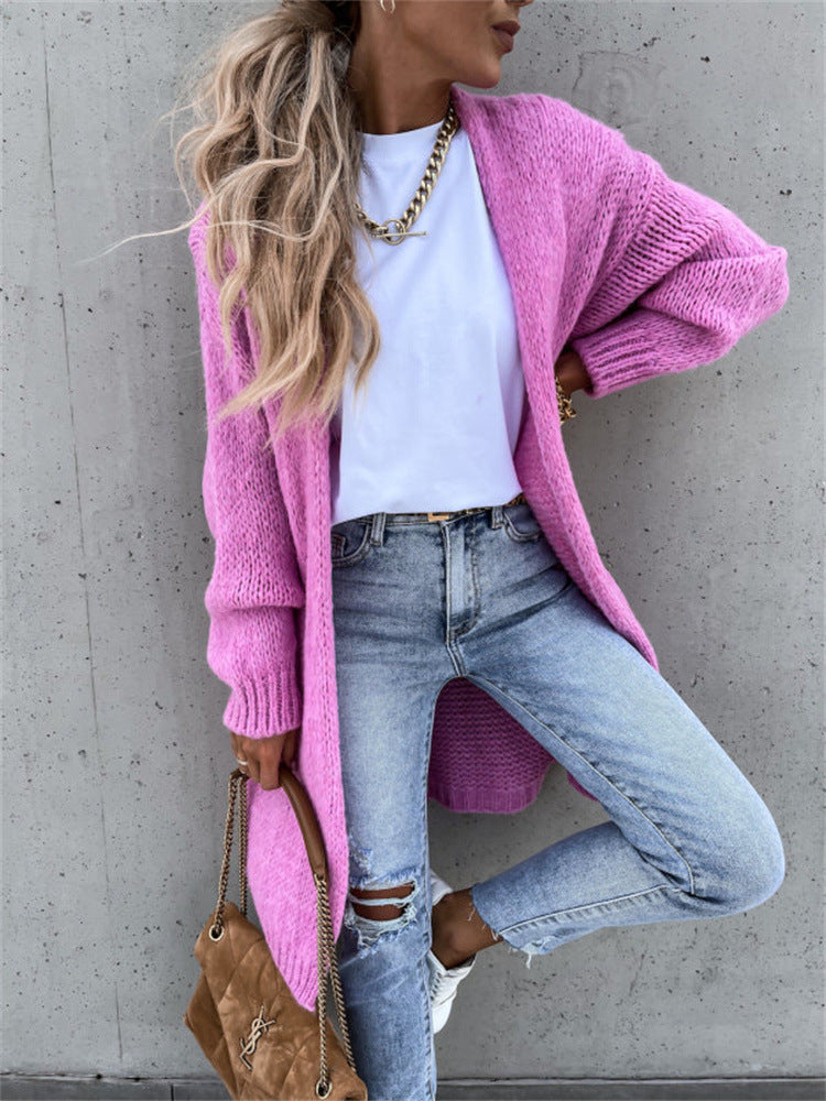 Loose-fitting Solid Color Long Sleeves Knitted Coats