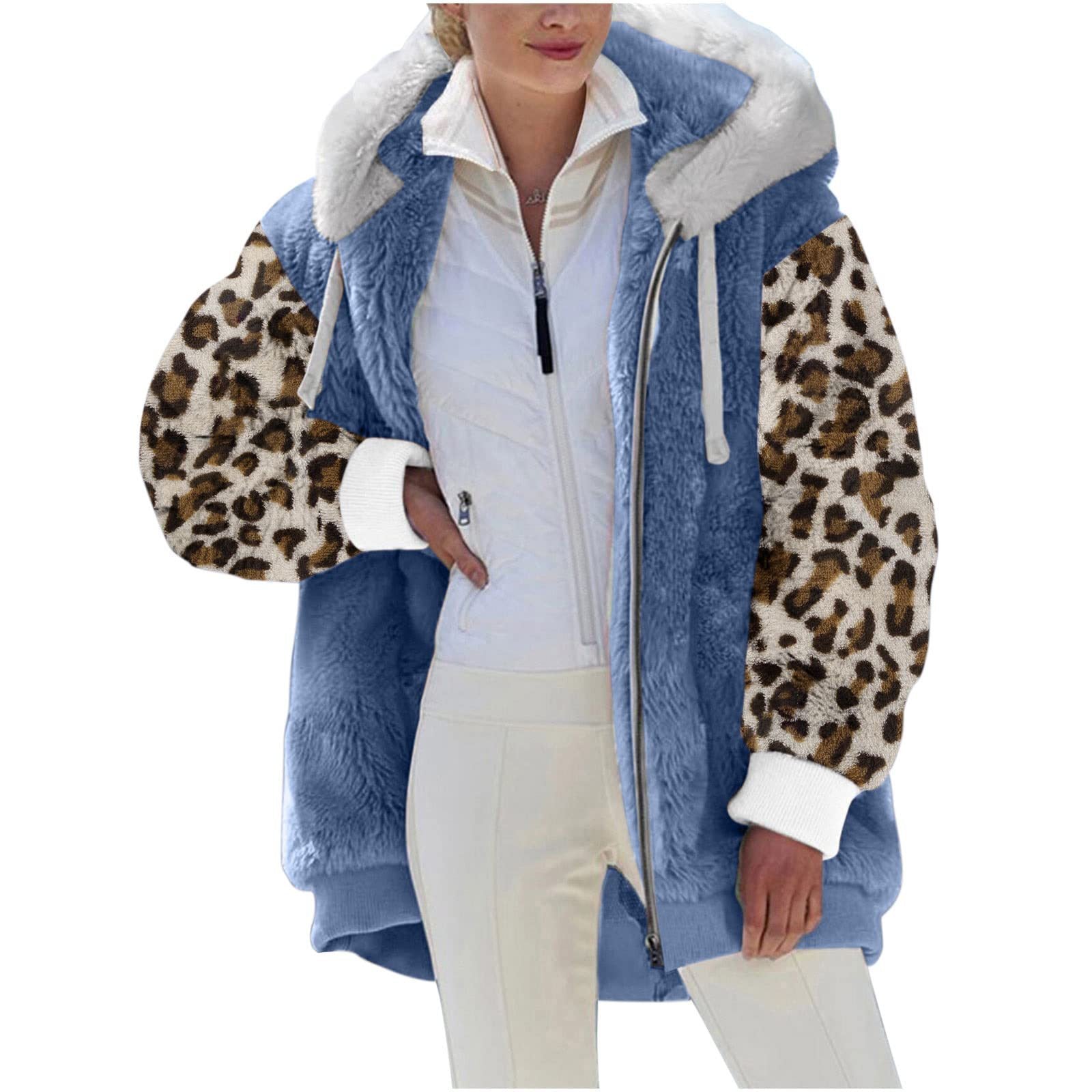 Women's Zipper Leopard Splicing Hooded Plush For Coats