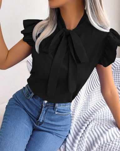 Women's Summer Solid Color Simple Shirt Bow Blouses