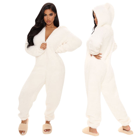 Sleeve Hooded Casual Trousers Plush Pajamas Jumpsuits