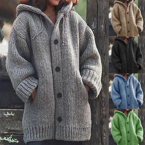 Loose Knitted Mid-length Hooded With Pockets Sweaters