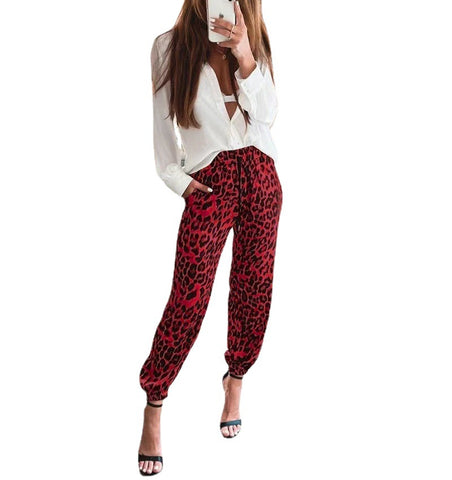Women's Leopard Print Elastic Waist Leisure Trousers Pants