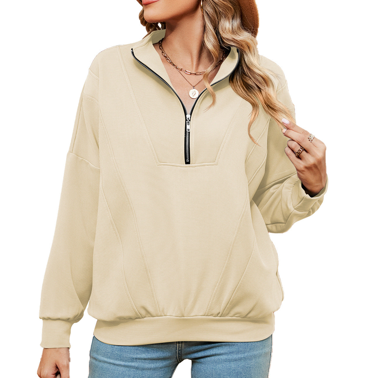Women's Solid Color Zipper Loose Pullover For Coats