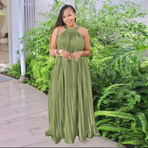 Women's Fashion Wear Sleeveless Cold-shoulder Artificial Silk Pleated Dresses