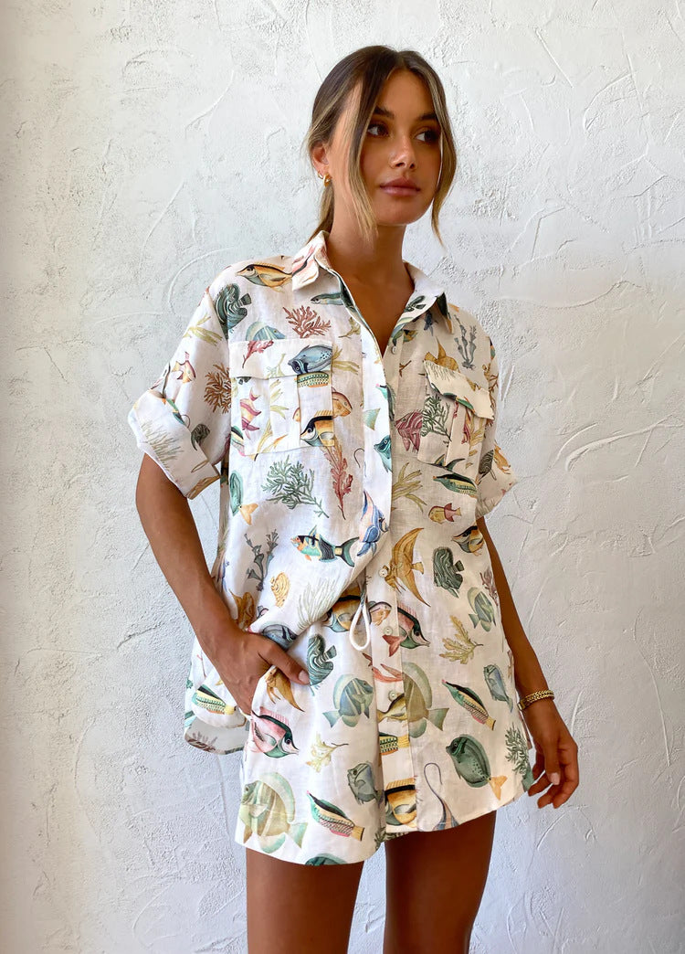 Personality Fish Printed Sleeve Vacation Style Suits