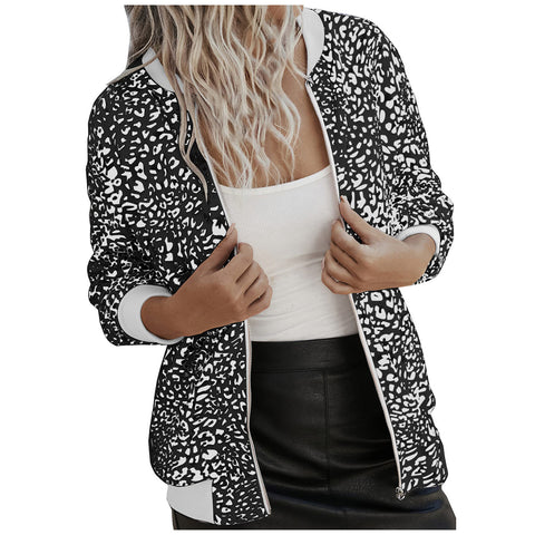 Women's Leopard Print Stand Collar Baseball Thin Zip Jackets