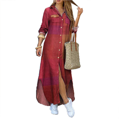 Women's Autumn Single-breasted Printed Long-sleeved Lapel Shirt Dresses