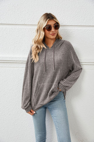 Women's Autumn Hooded Sunken Stripe Kangaroo Pocket Sweaters