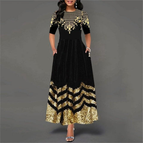 Women's Middle-sleeve Floral-print African Long Round Neck Dresses