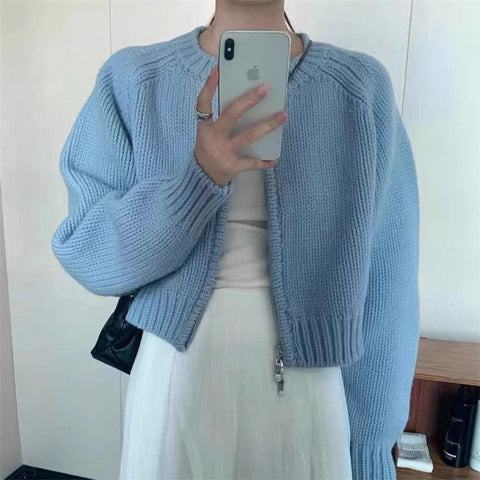 Women's Style Knitted Gray Double Zipper Round Knitwear