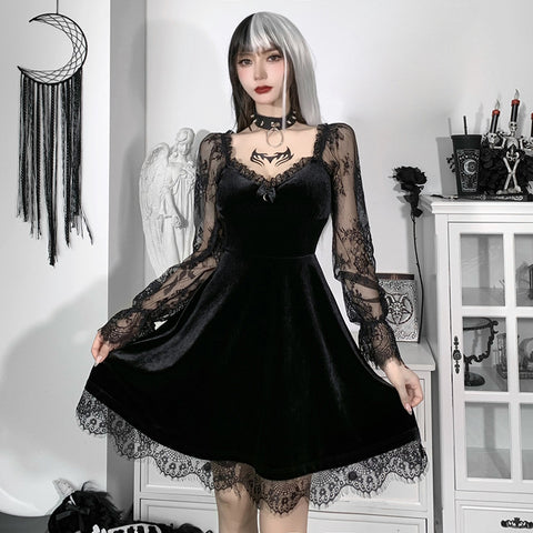 Sexy Lace Stitching Chest Flared Long Sleeve Dresses