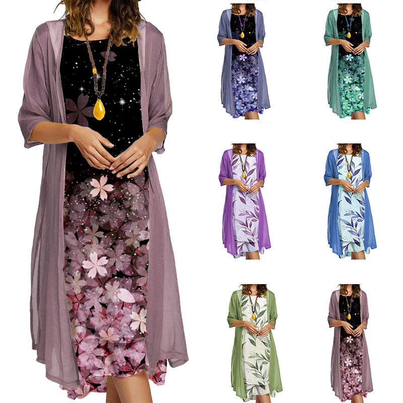 Women's Dress Two-piece Set Flowers Printed Round Coats