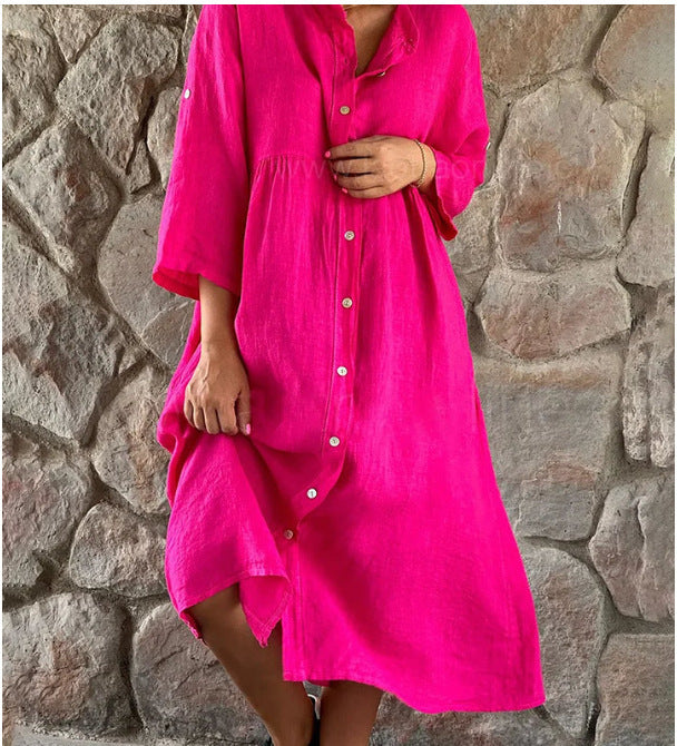 Women's And Linen Solid Color Casual Stand Collar Dresses