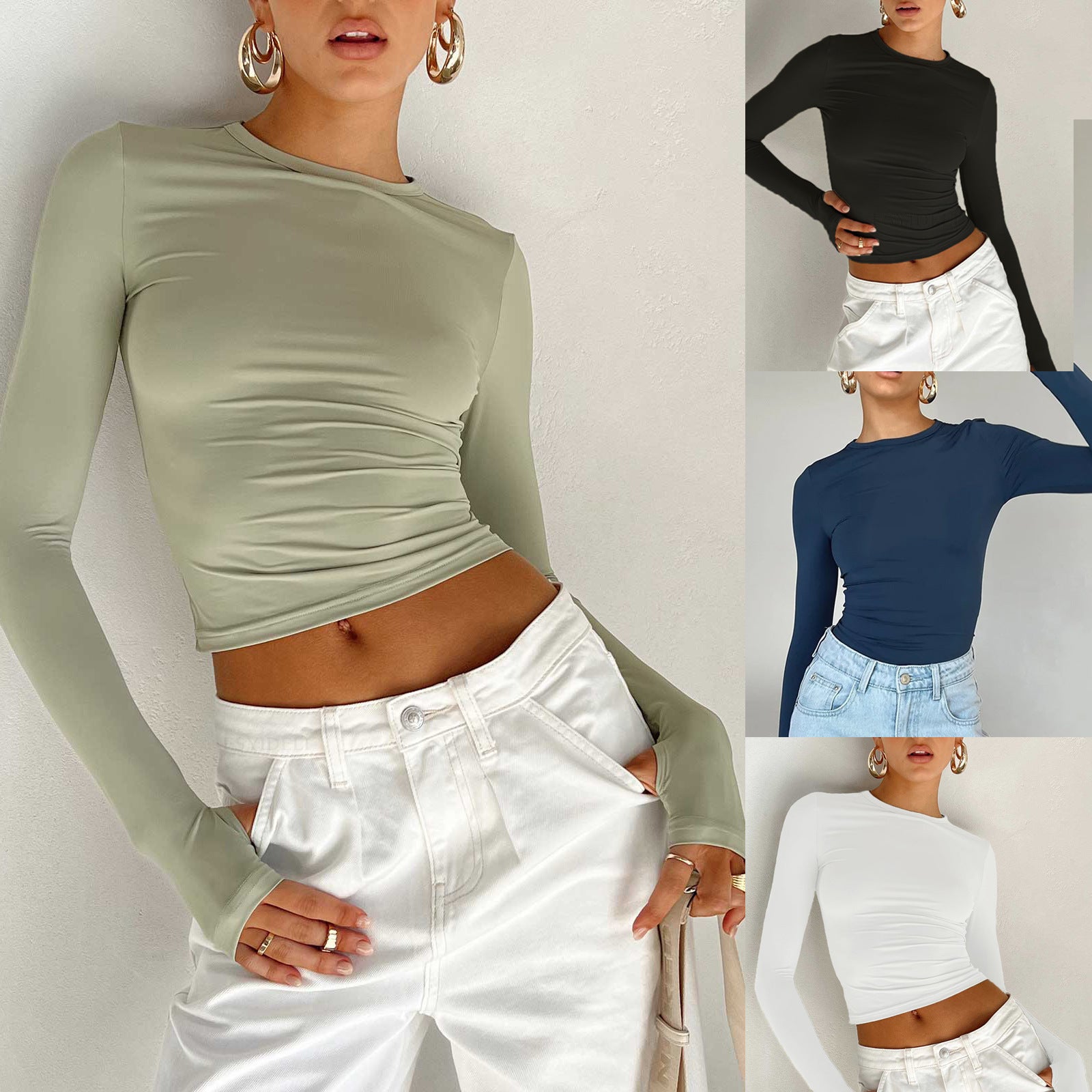Women's Solid Color Round Neck T-shirt Slim Fit Slimming Blouses