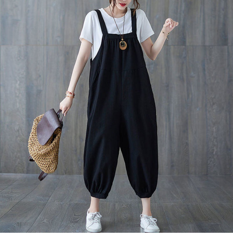 Women's Clothes Fat Contrast Color Stitching Harem Suspender Western Style Jumpsuits