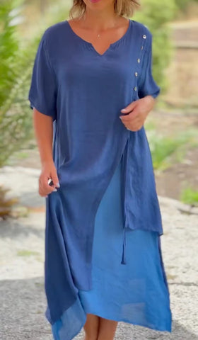 Women's Fashion Sleeve Fake Two-piece Asymmetric Dress Dresses