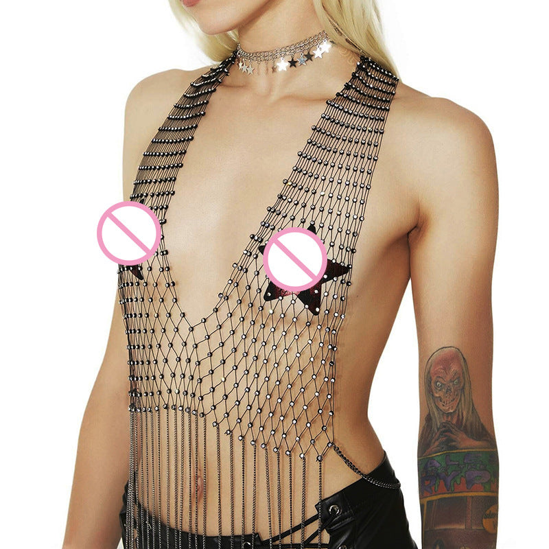 Women's Sexy Fishnet Rhinestone Tassel Suspender Nightclub Tops