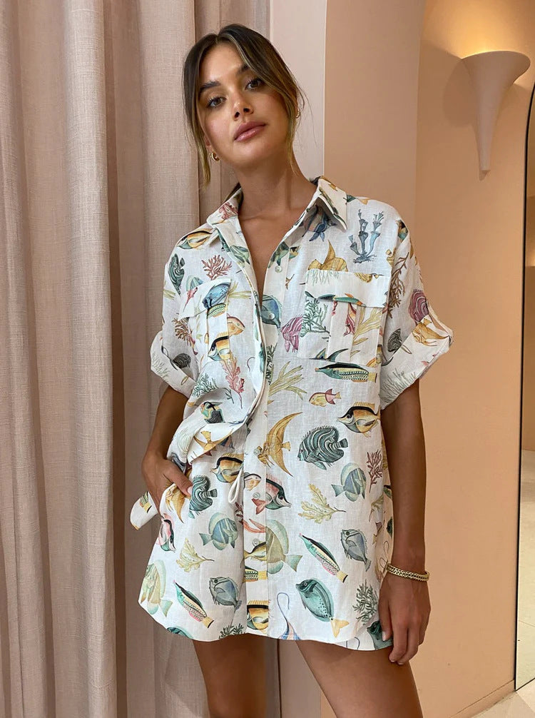 Personality Fish Printed Sleeve Vacation Style Suits