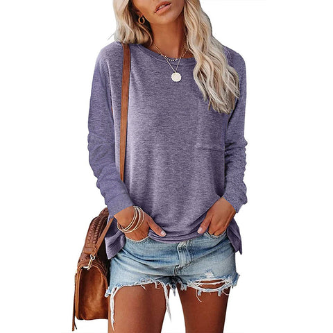 Women's Round Neck Pocket Long Sleeve Casual Loose Tops