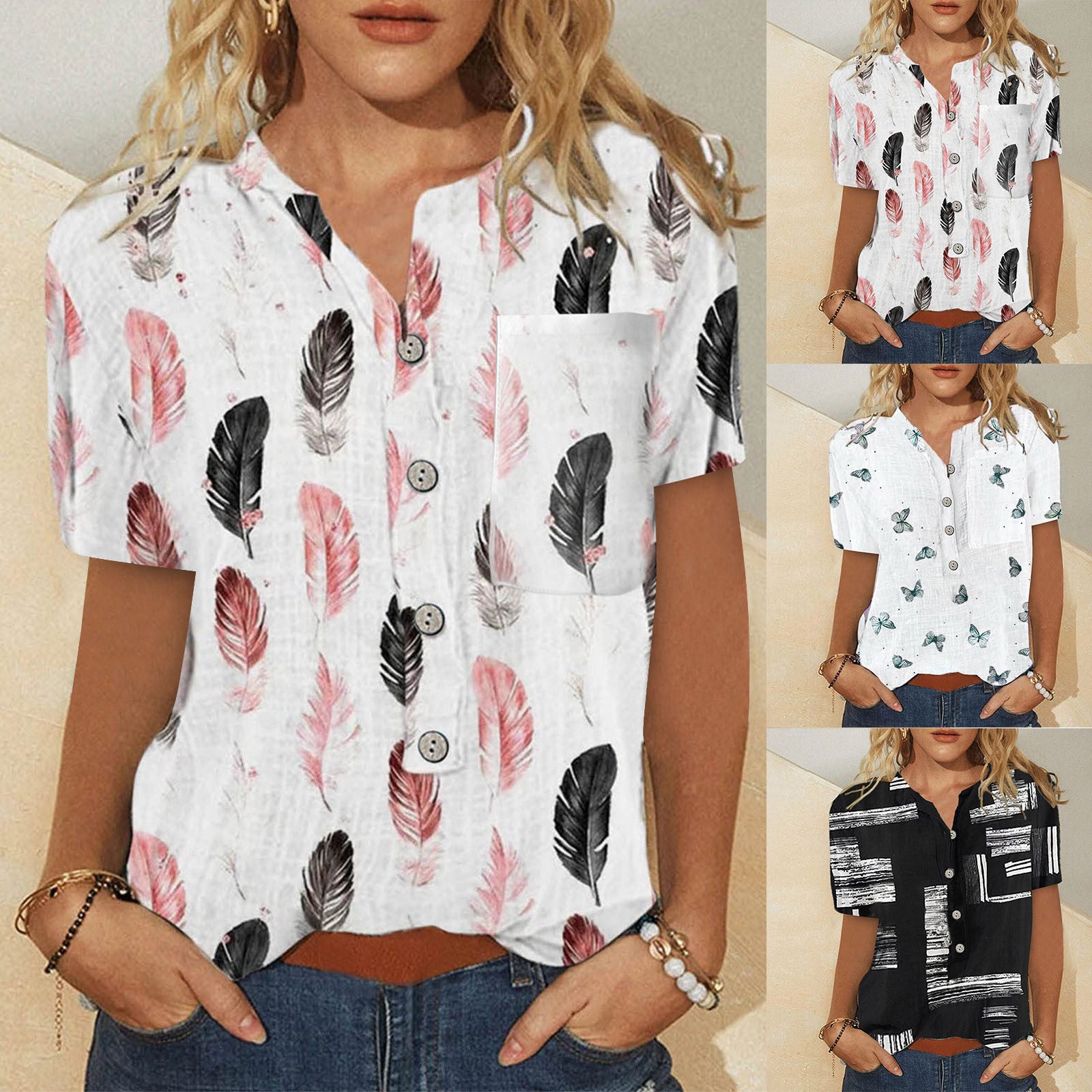 Women's Printed Loose Shirt Casual Village Leaf Tops