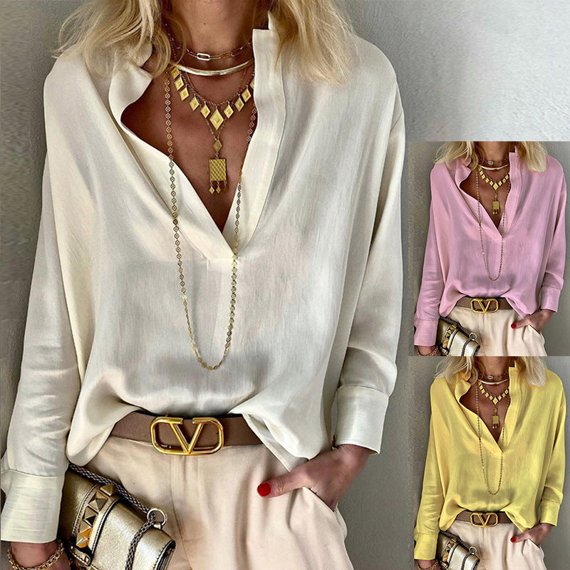 Women's Spring Solid Color Collar Long Sleeve Blouses