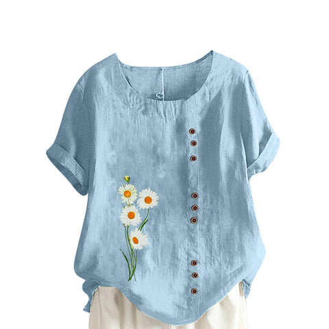 Cotton And Linen Sleeve With Buttons Round Neck Blouses