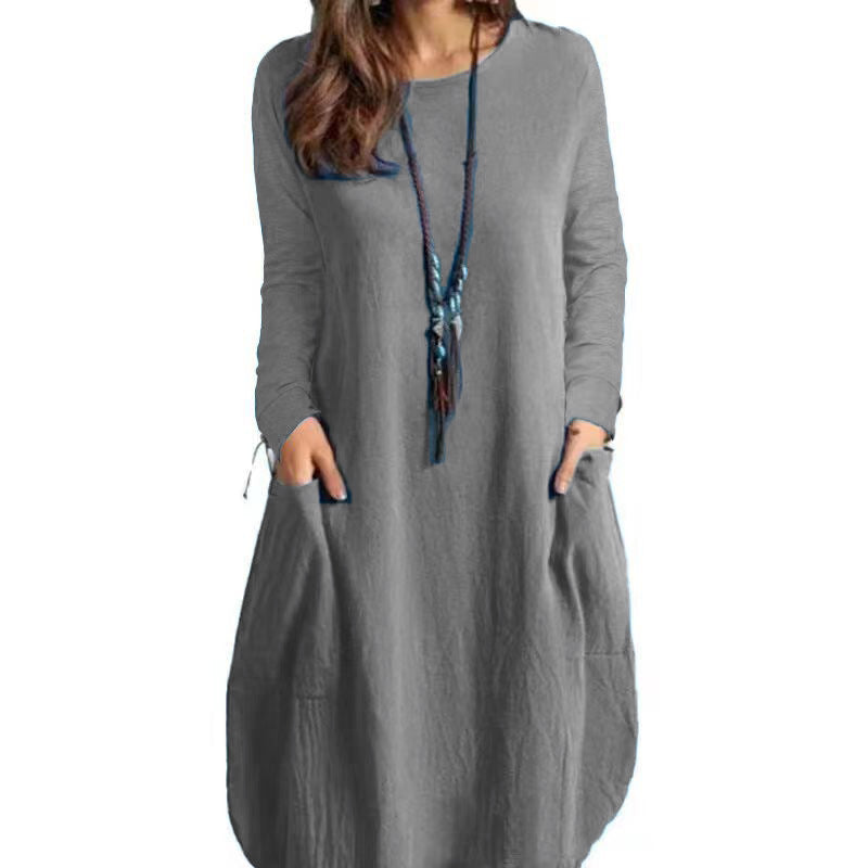 Women's Linen Loose Casual Solid Color Pocket Dresses