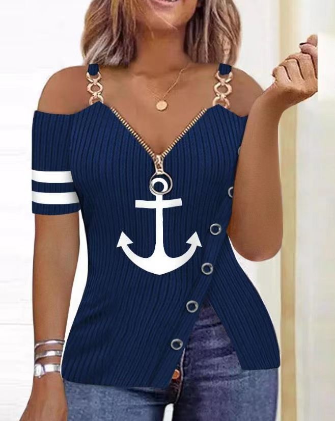 Summer Boat Anchor Pattern Printed Sling Blouses