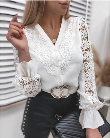 Women's Fashion Lace Long Sleeve V-neck Buttons Blouses