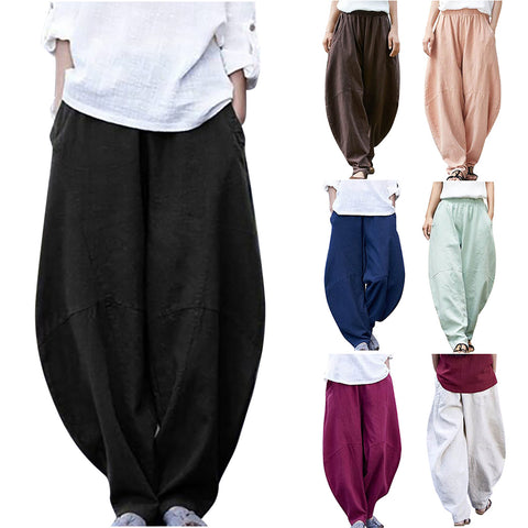 Pantalon ample en lin pour femmes, coutures décontractées, couleur unie