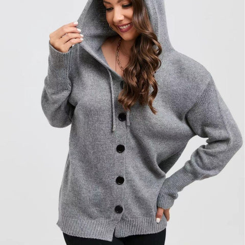 Women's Solid Color Hooded Single-breasted Drawstring Knitwear