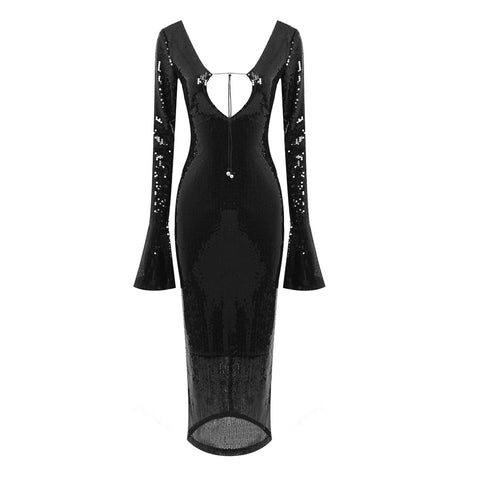 Women's Beige Transparent Sequined Backless Bell Dress Dresses