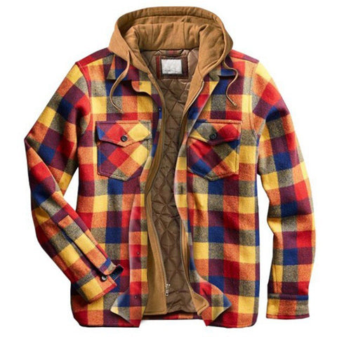 Men's Casual Hooded Fake Two Pieces Plaid Coats