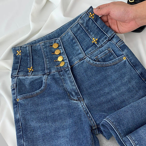 Damen-Jeans mit hoher Taille für schlanke Passform, Stretch, schlankmachend