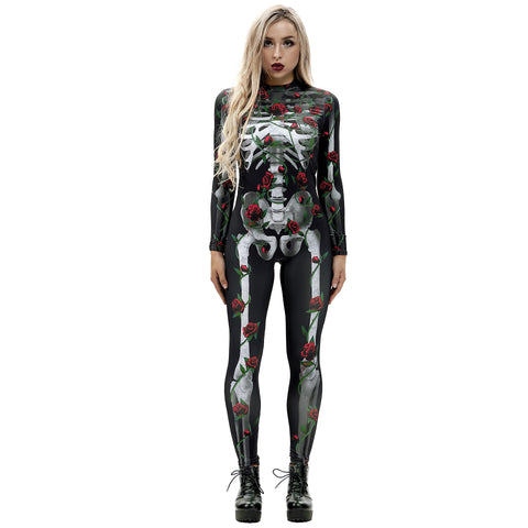 Women's Halloween Skeleton Digital Printing Tight Long-sleeved Jumpsuits