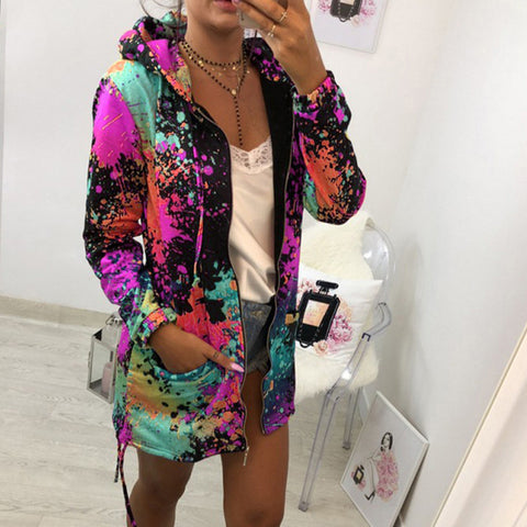 Women's Loose-fitting Printed Hooded Mid-length Long Sleeve Sweaters