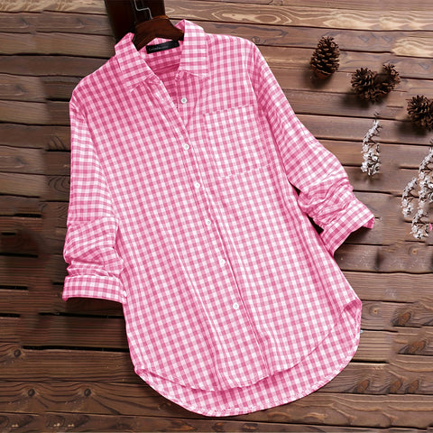 Women's Plaid Long-sleeved Shirt With Buttons For Blouses