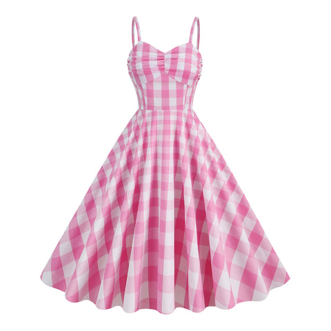 Barbie Pink Plaid Striped Spaghetti Straps Dresses