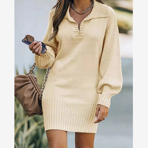 Women's Mid-length Lapel Lantern Sleeve Knitted Solid Sweaters