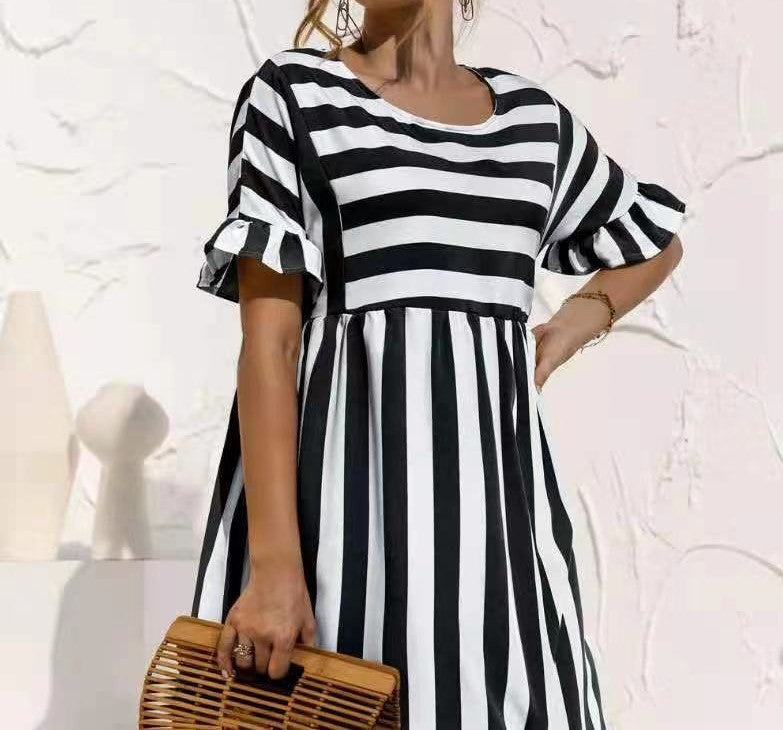 Women's Printed Ruffled Sleeves Striped Patchwork Pocket Casual Dresses