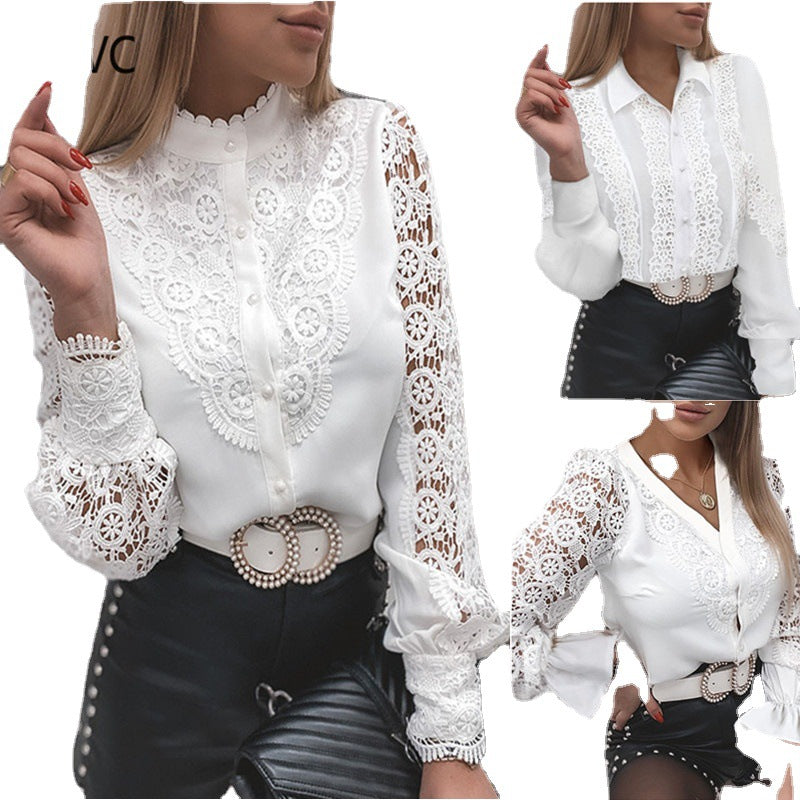 Women's Fashion Lace Long Sleeve V-neck Buttons Blouses