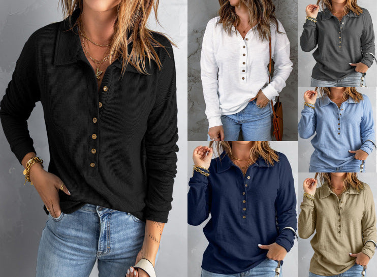 Women's Solid Color Single-breasted Lapel Long Sleeve Blouses