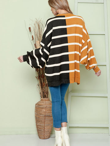 Women's Neck Contrast Color Striped Loose Long-sleeved Sweaters