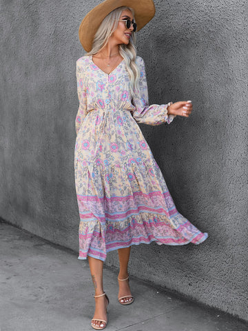 Bohemian Leisure Vacation Long Sleeve Positioning Printed Large Dresses