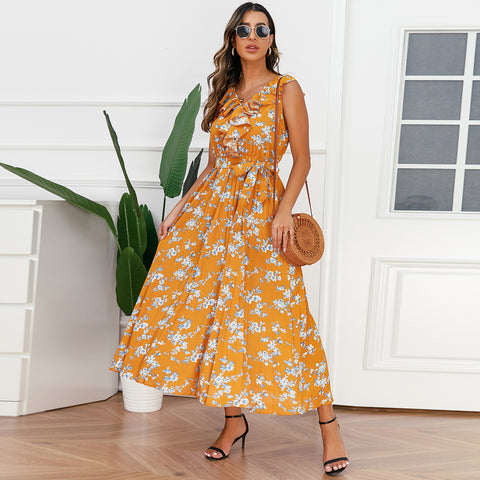 Women's Sexy V-neck Floral Pleated Summer Large Dresses