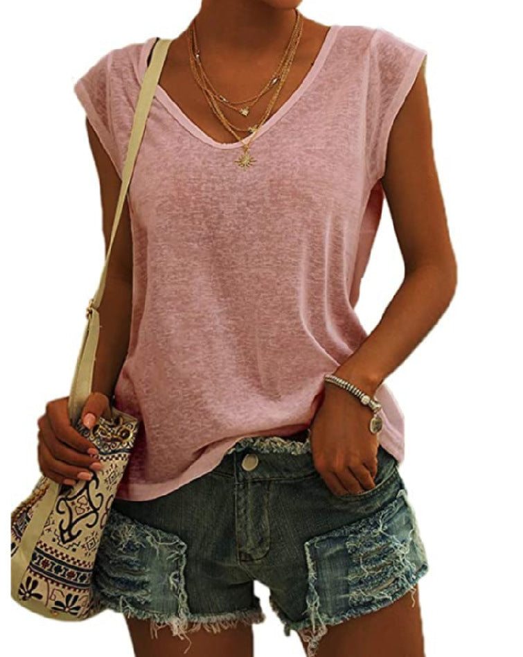 Women's Simple Solid Color V-neck Sleeve Loose Blouses