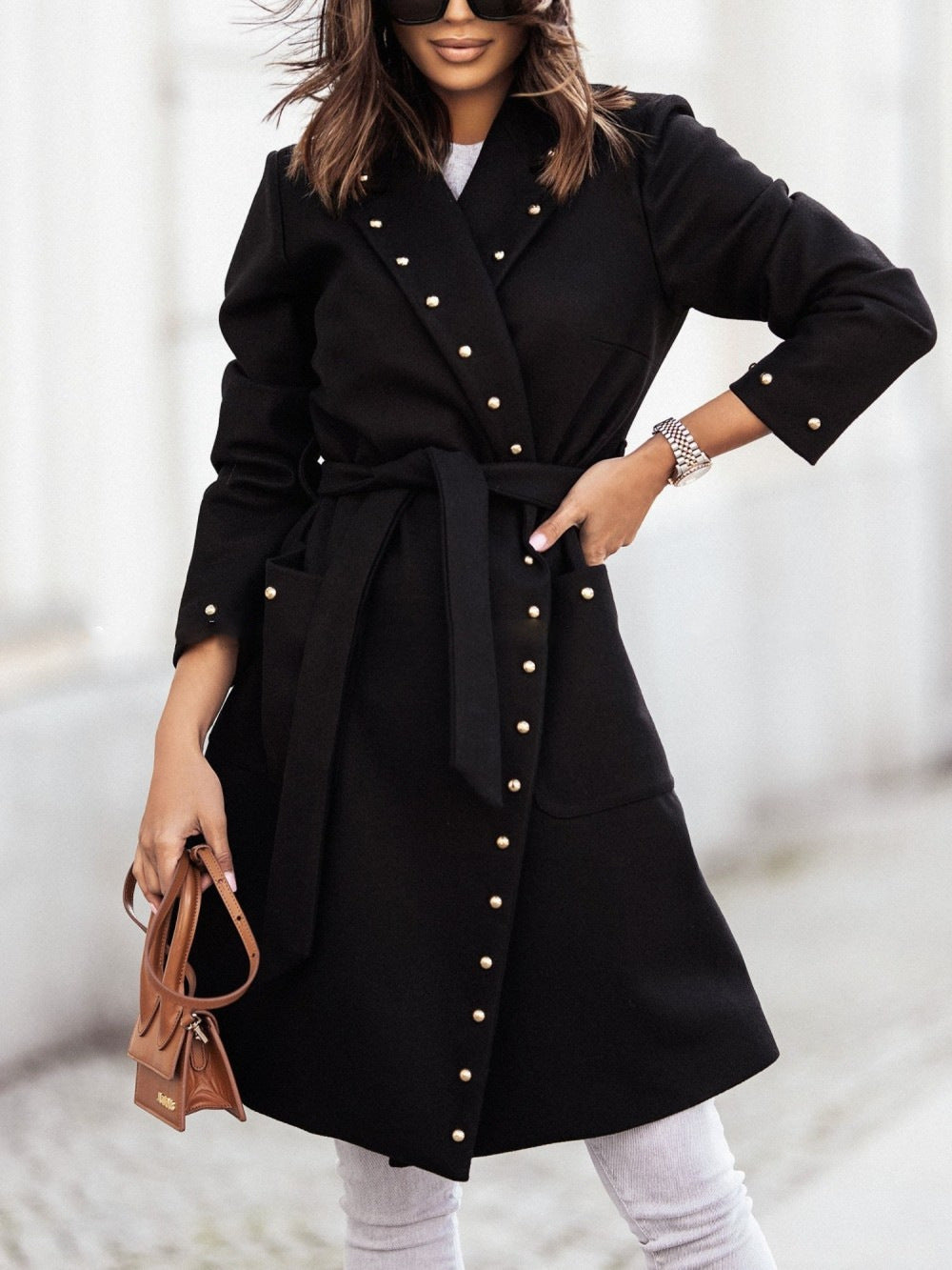 Simple Double Breasted Rivet Long Sleeve Coats