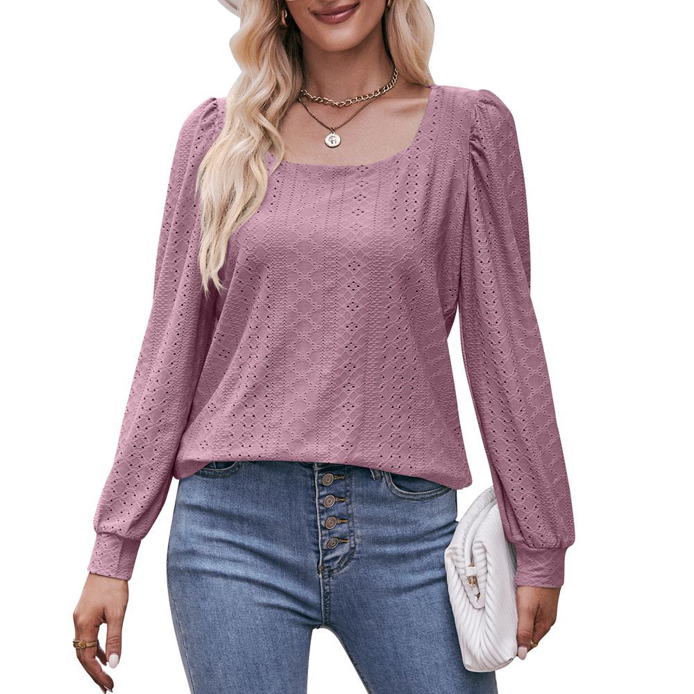 Women's Autumn Square Neck T-shirt Hole Long Blouses